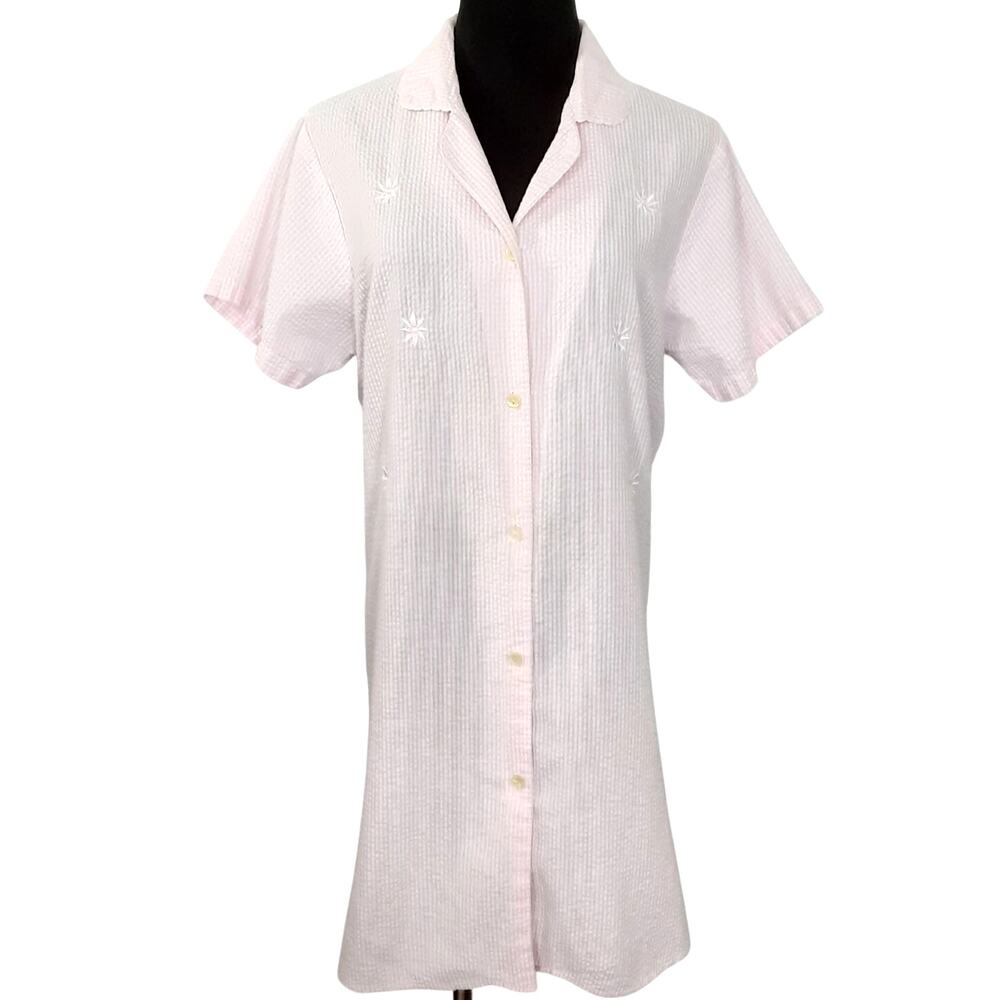 Vintage 90s Miss Elaine Sleep Shirt Pink Seersucker Embroidered Women S Coquette